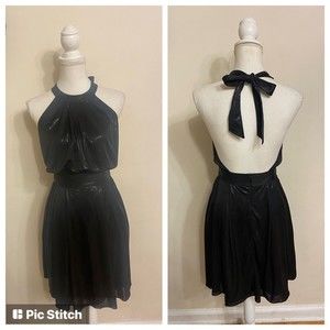 $325 Jay Godfrey Women Halter Neck Fit & Flare Black Liquid Metallic Dress 4 / S